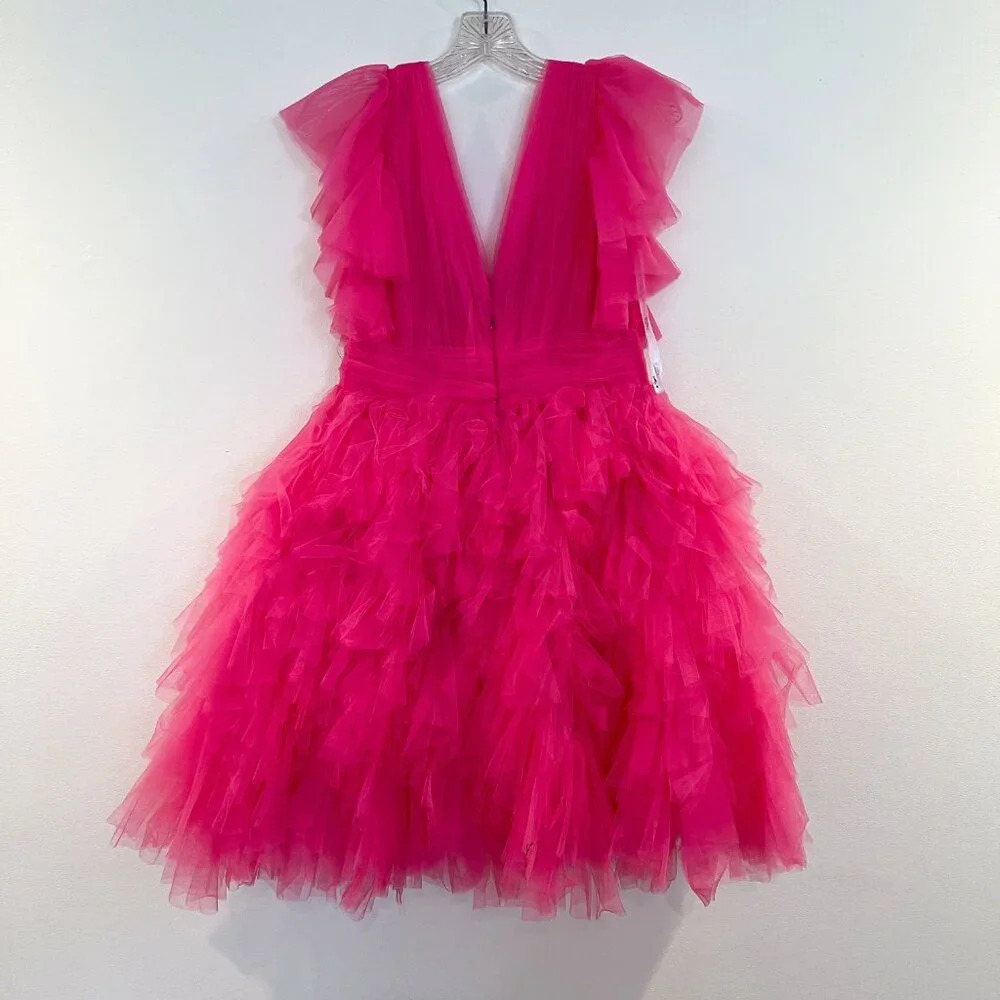 Mac Duggal Hot Pink Tulle V Neck Strapless Layered Preppy Mini Dress 6 NWT - Picture 3 of 10